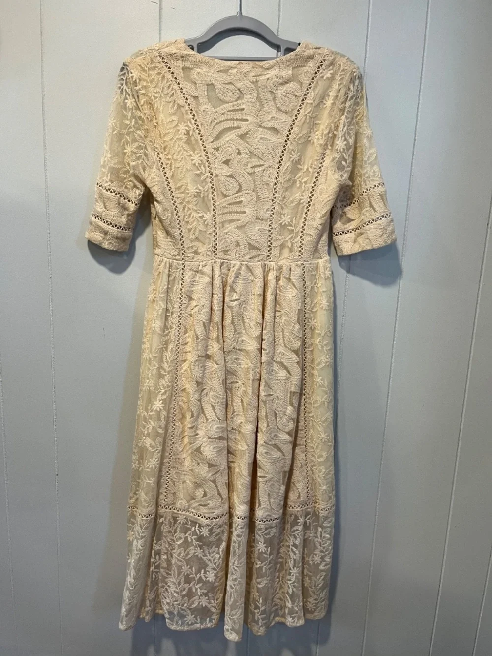 Free People Mountain Laurel Lace Crochet Mide Dress Ivory Boho Romantic sz 2